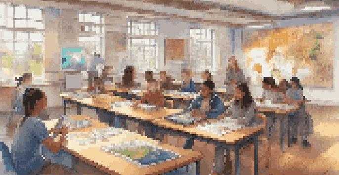 A classroom filled with students engaged in learning through various media resources, including tablets, a projector, and infographics.