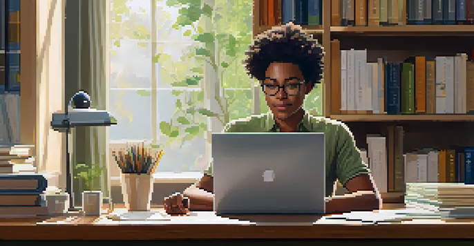 A professional at a desk engaging with a laptop showing a micro-credential course, surrounded by books and a notepad, in a well-lit workspace.