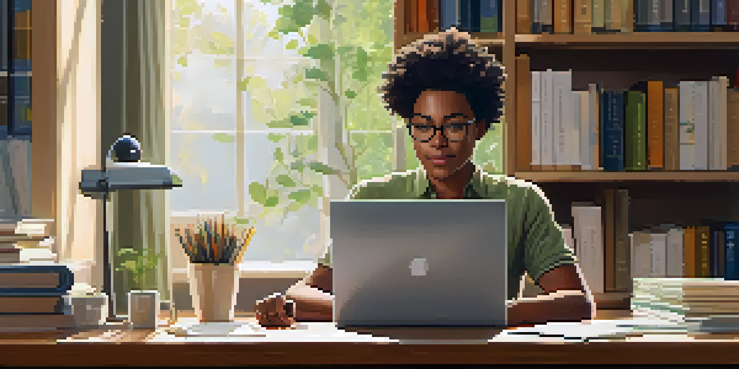 A professional at a desk engaging with a laptop showing a micro-credential course, surrounded by books and a notepad, in a well-lit workspace.