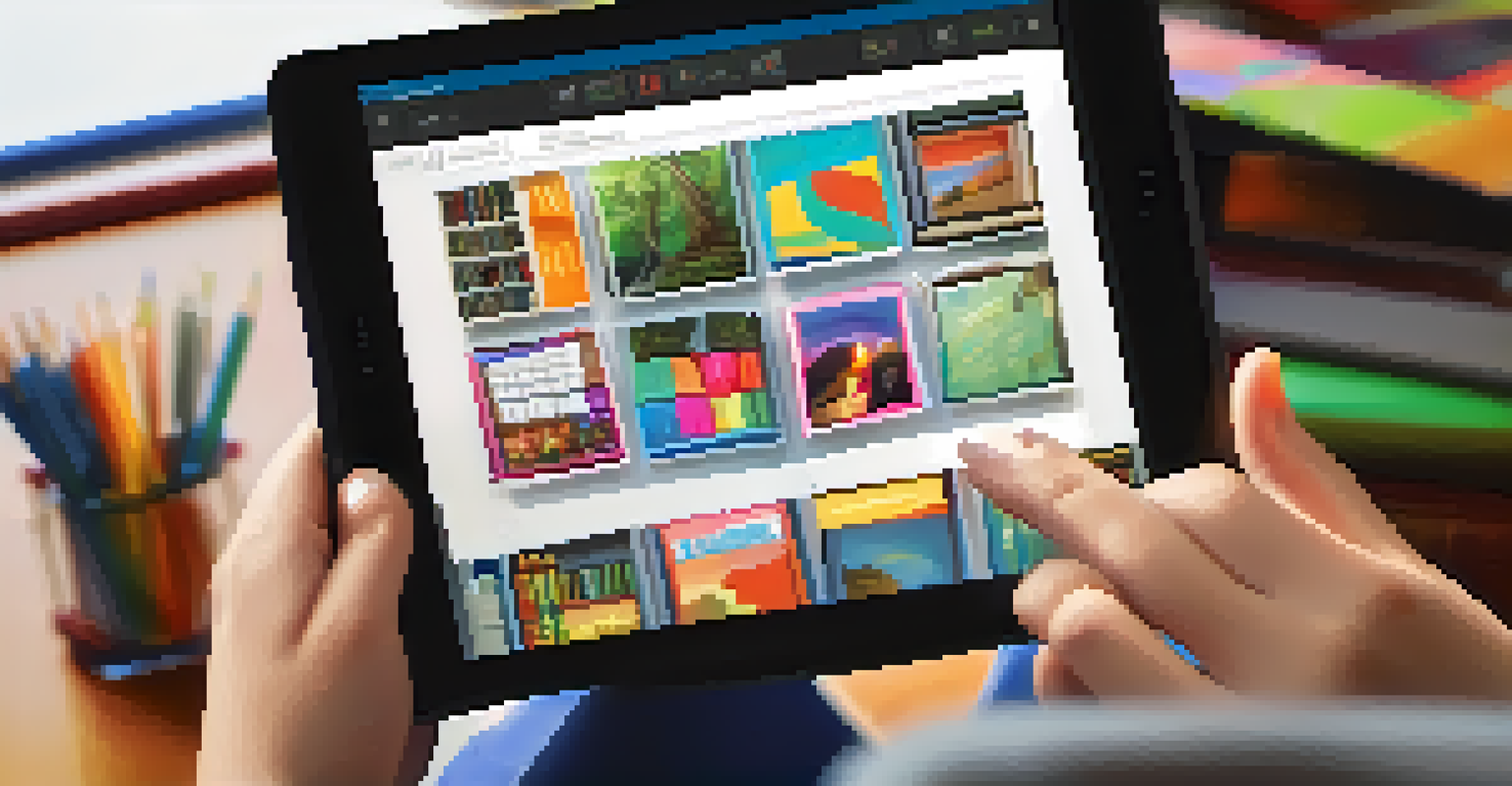 A close-up of a student's hands on a tablet, watching educational videos, with study materials and a warm lighting ambiance in the background.