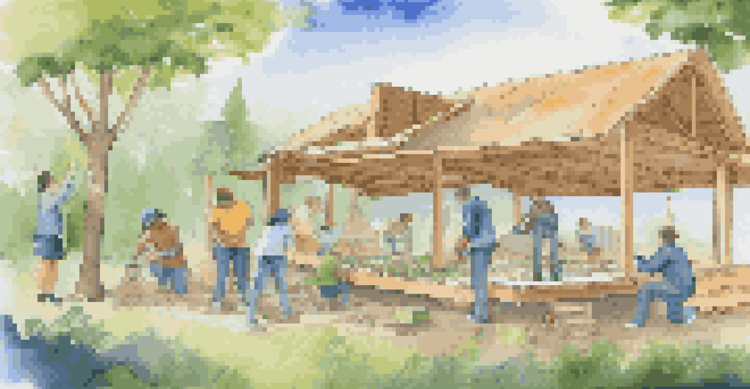 Students actively building a model of an eco-friendly house outside, measuring materials and discussing plans in a natural setting.