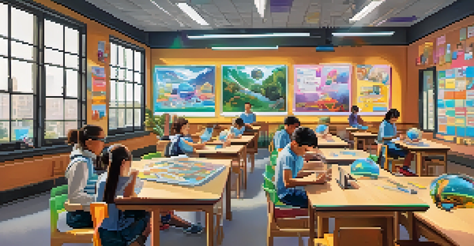 A classroom filled with students using augmented reality apps on their smartphones, surrounded by colorful vocabulary posters and holographic images.