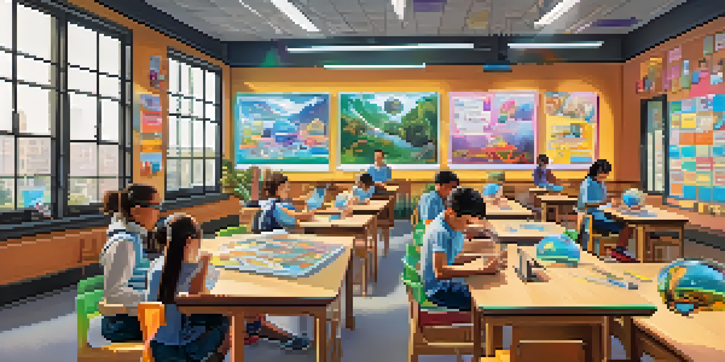 A classroom filled with students using augmented reality apps on their smartphones, surrounded by colorful vocabulary posters and holographic images.