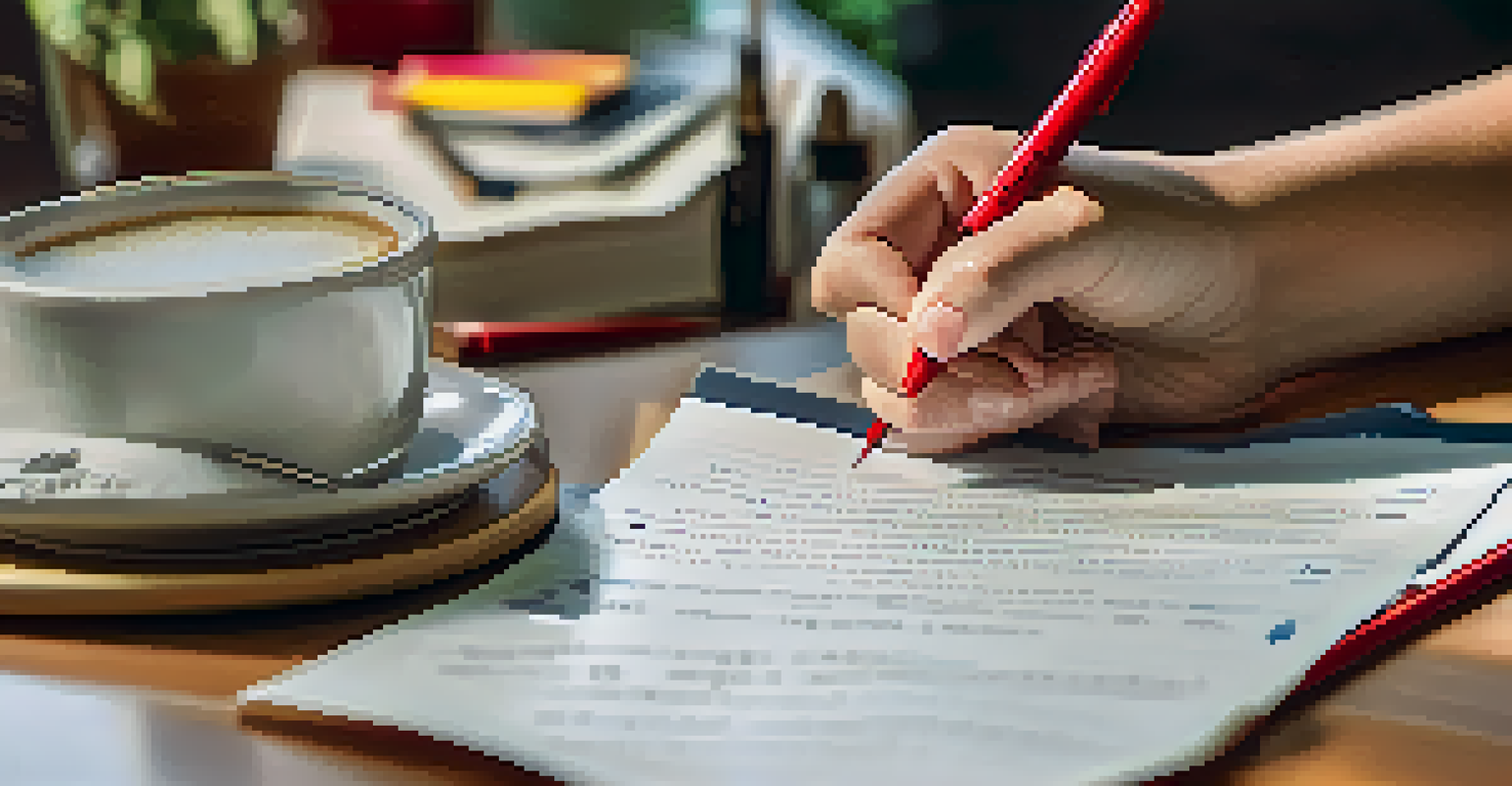A teacher grading papers with positive comments, surrounded by motivational items on the desk.