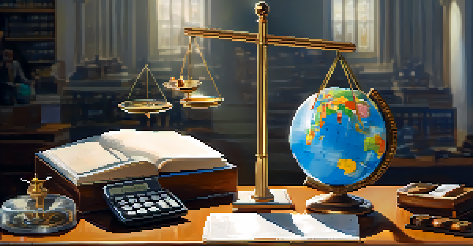 A balanced scale surrounded by symbols representing various fields like social sciences, biology, and economics, illustrating the concept of ethical decision-making.