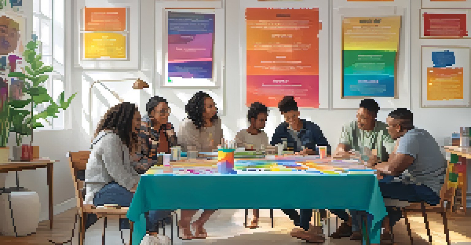 Parents and educators engaged in a workshop about LGBTQ+ support strategies, surrounded by colorful materials in a bright room.