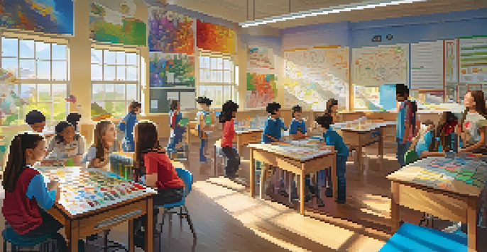 A lively classroom where students are engaged in various STEAM activities, with art, science, and technology elements visible.