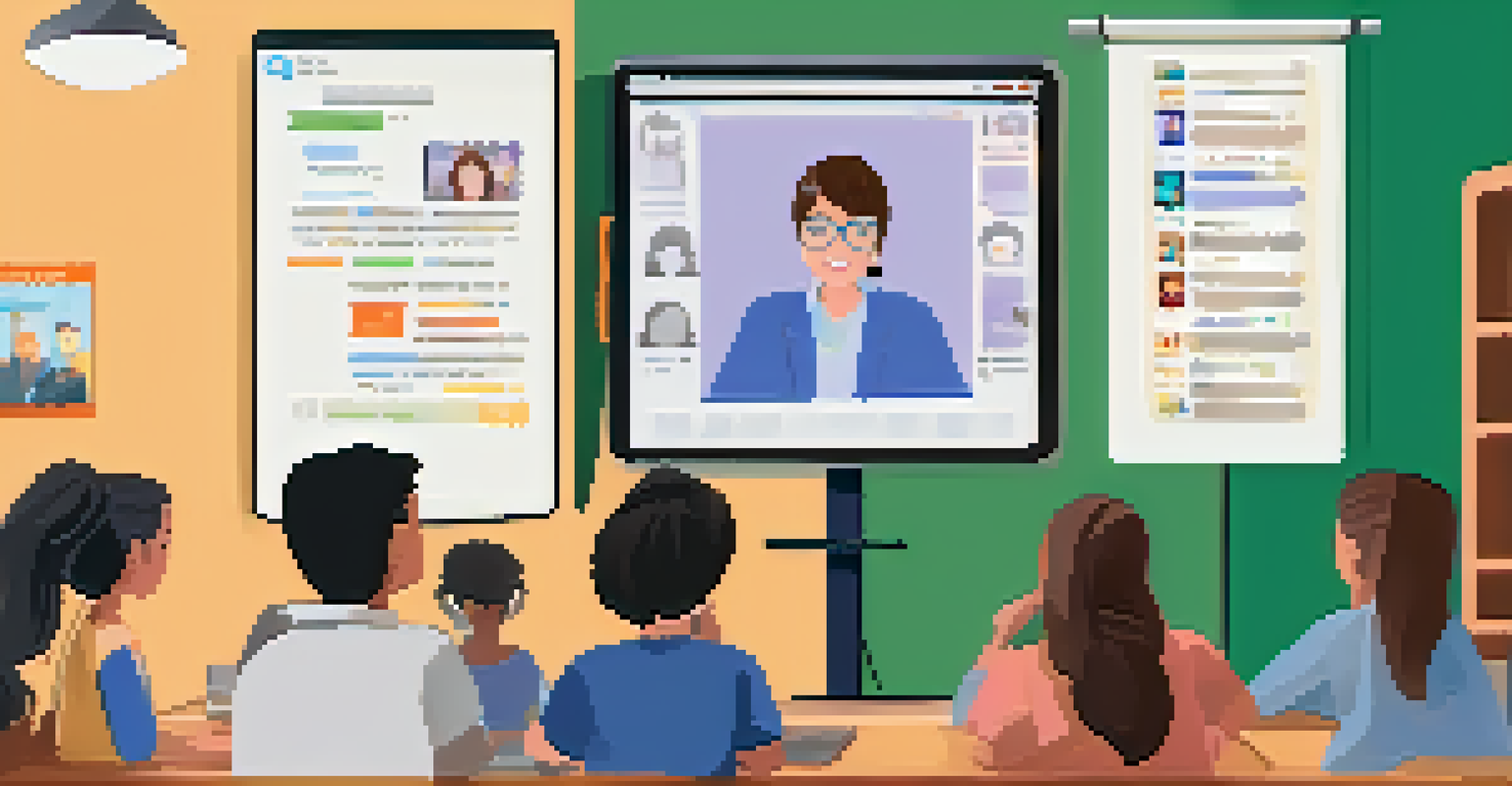 A teacher interacting with parents during a live online Q&A session on a computer, with parents' faces visible on the screen.