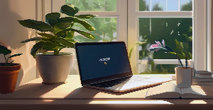 A cozy study space with a laptop open to a virtual classroom, illuminated by soft natural light and featuring a potted plant.