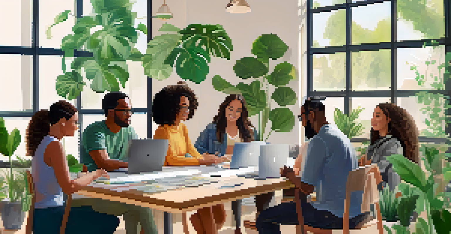 A diverse group of people collaborating at a table with laptops, engaged in discussions in a bright and modern room.