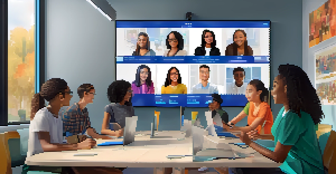 A diverse group of students in a video conference, showcasing engagement and interaction with colorful virtual backgrounds and interactive elements.