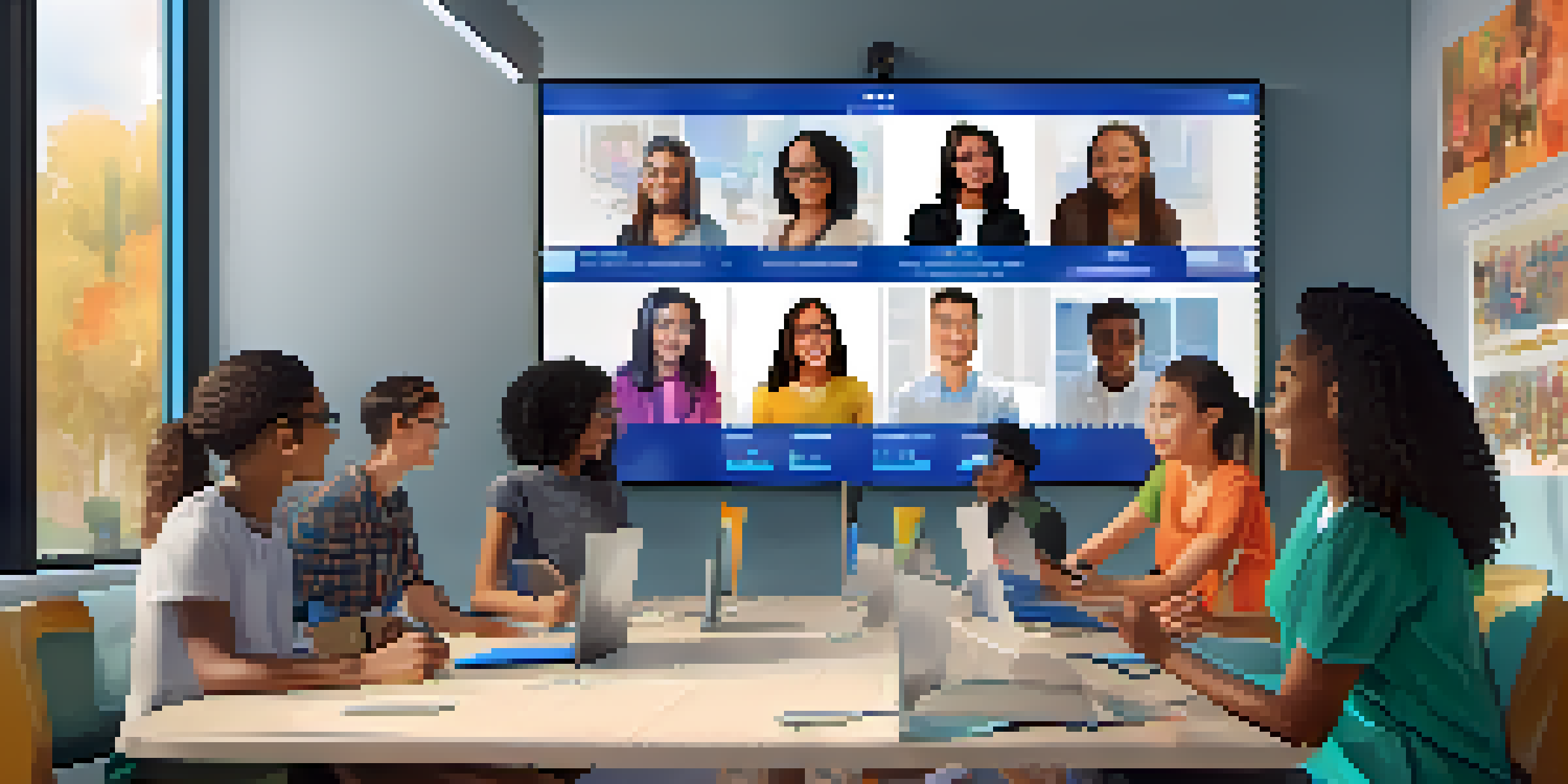 A diverse group of students in a video conference, showcasing engagement and interaction with colorful virtual backgrounds and interactive elements.