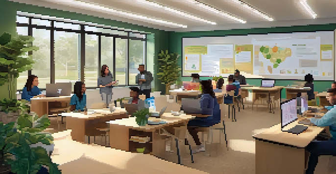 A group of diverse educators participating in a virtual workshop in a well-lit room, with a large screen displaying educational content.