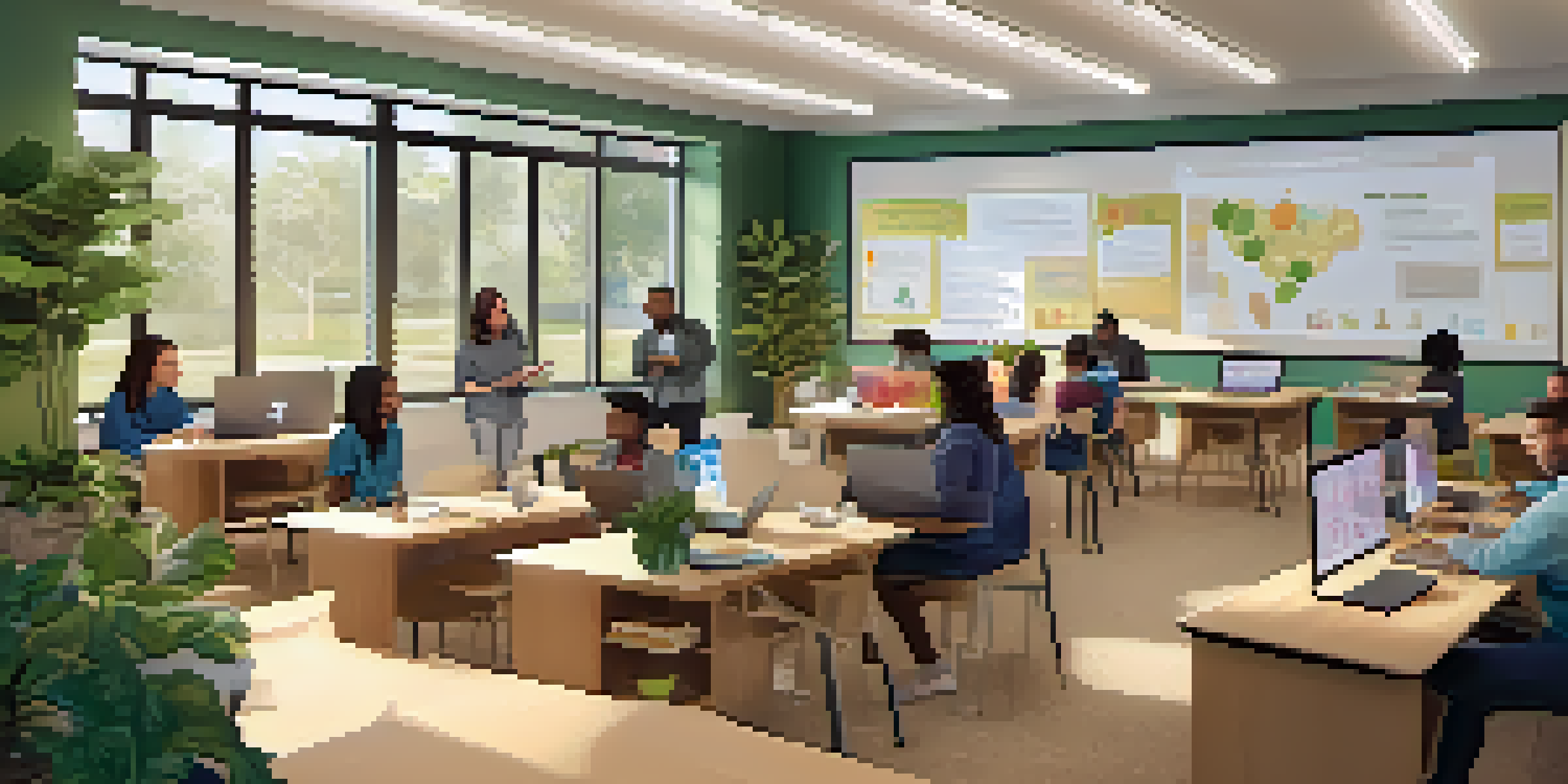 A group of diverse educators participating in a virtual workshop in a well-lit room, with a large screen displaying educational content.