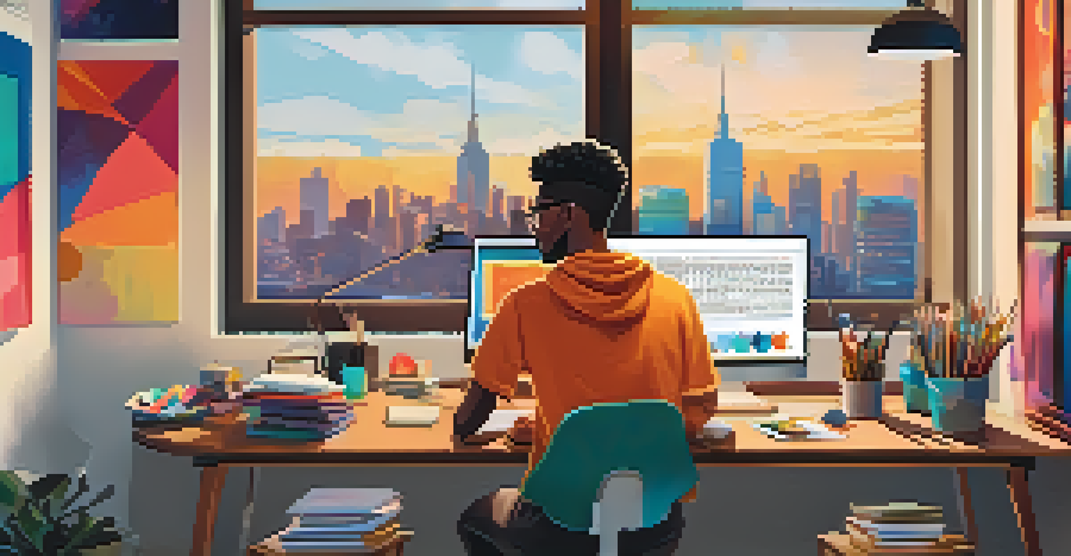 A graphic designer working at a desk with design tools, colorful palettes, and motivational quotes in the background, with a cityscape visible through the window.