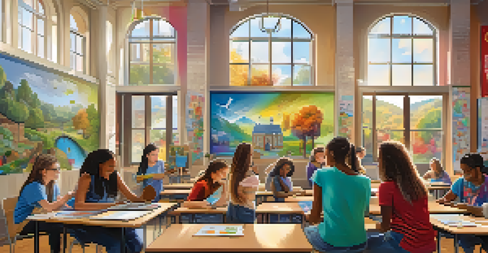 A colorful classroom filled with students working together on a mural, showcasing diversity and creativity.