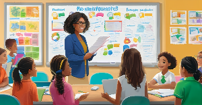 A classroom with a diverse group of students engaged with a smiling female educator at the whiteboard, surrounded by colorful educational materials and natural light.