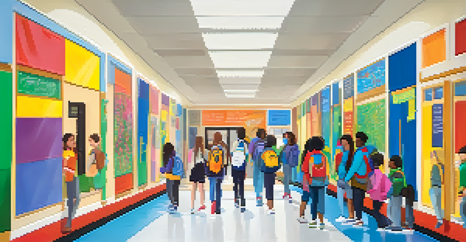 Students and teachers collaborating on a colorful mural in a school hallway that promotes mental health awareness and support.