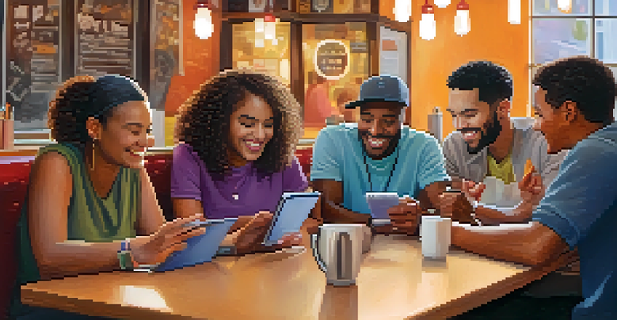 A diverse group of learners in a café discussing on their mobile devices, displaying joy and collaboration.