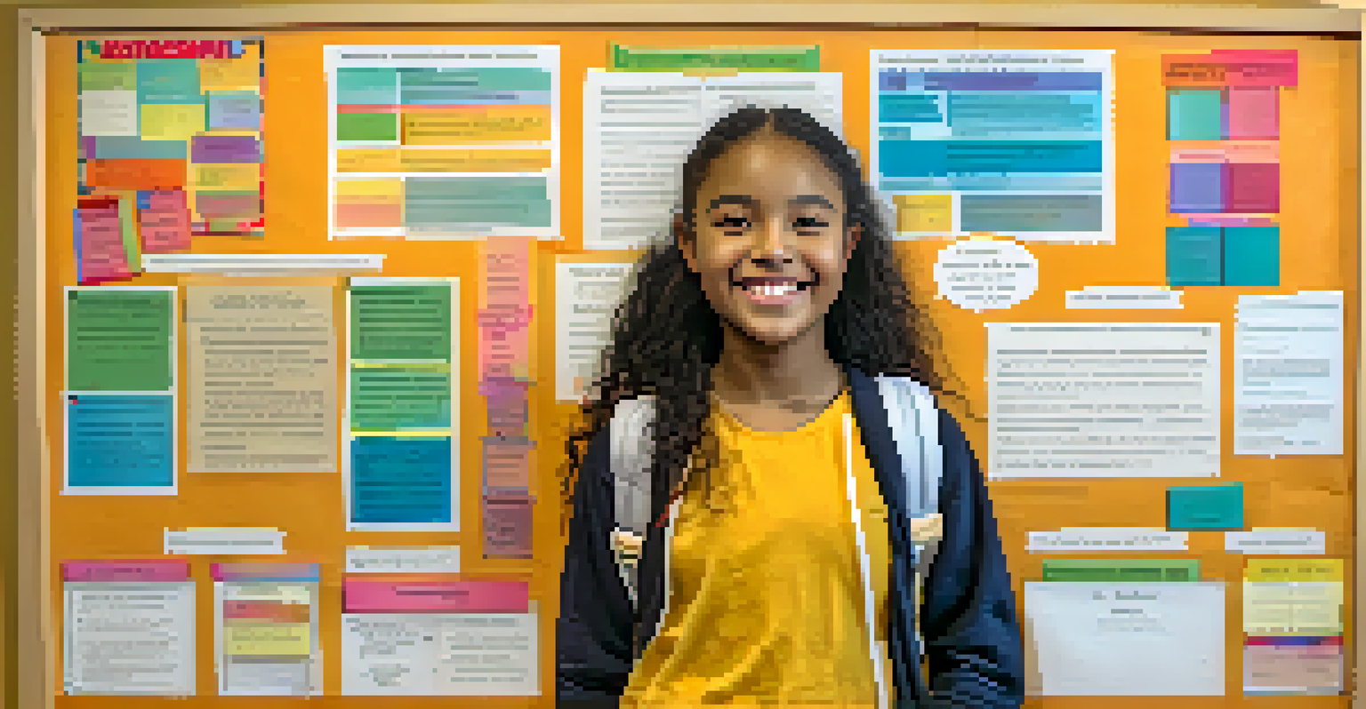 A proud student standing next to a bulletin board showcasing achievements in educational equity, featuring colorful charts and photos, symbolizing motivation and success.
