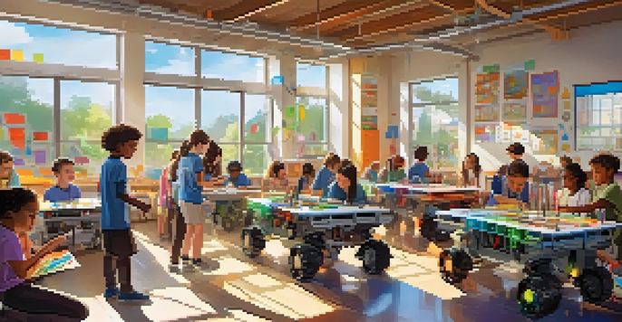 A lively classroom where diverse students work together on a robotics project, with colorful materials and sunlight illuminating the space.