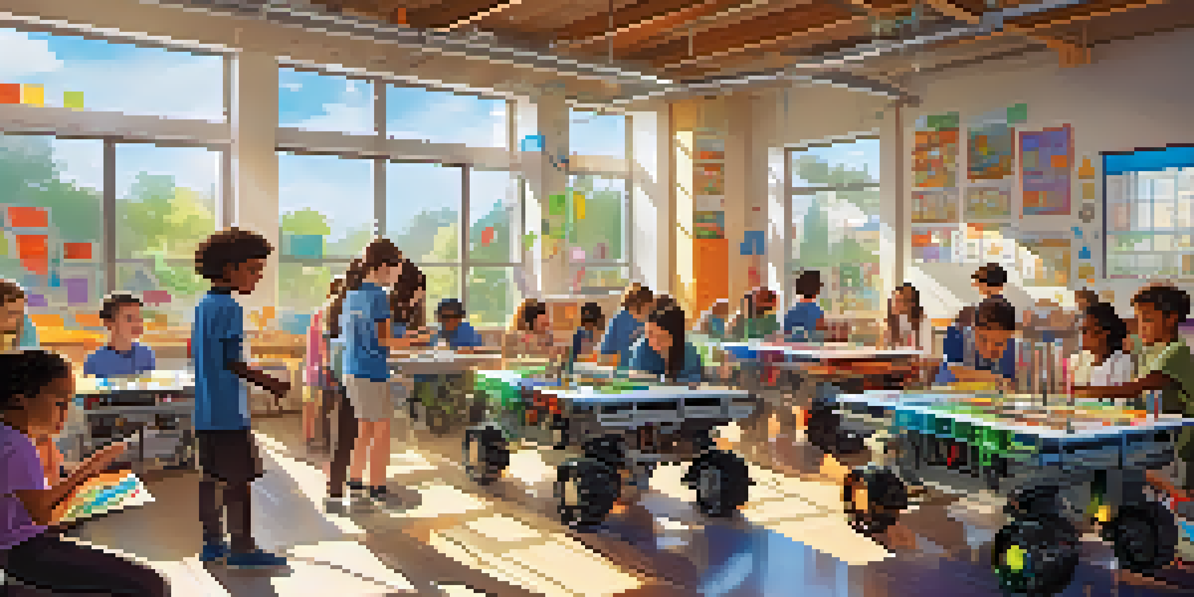 A lively classroom where diverse students work together on a robotics project, with colorful materials and sunlight illuminating the space.