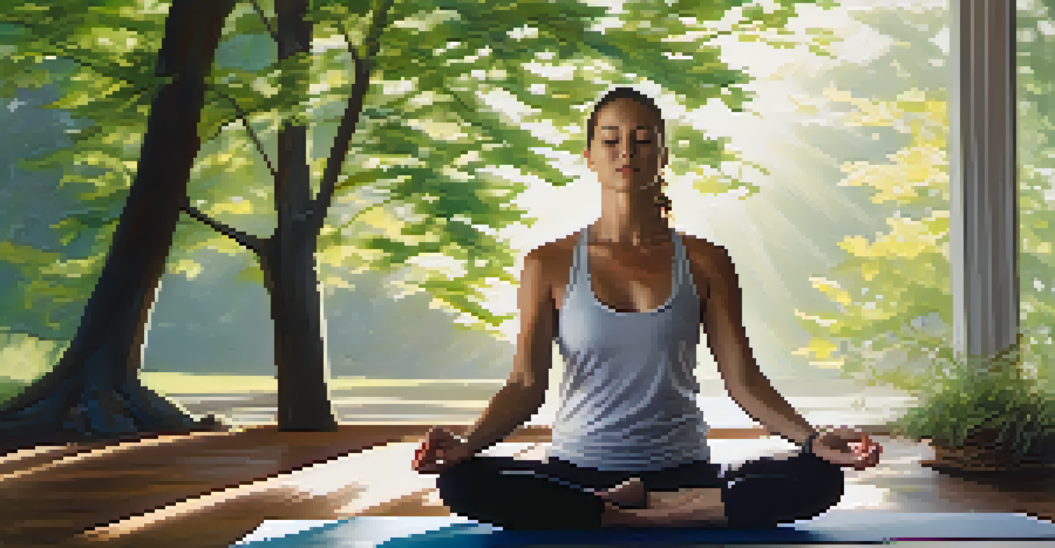 A person practicing mindfulness on a yoga mat in a calm environment, with natural light filtering through trees, depicting tranquility and focus.