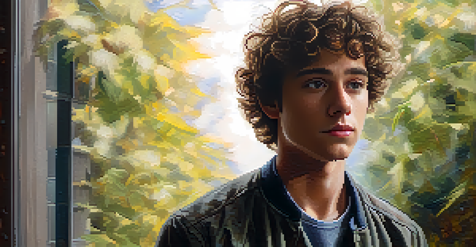 A close-up of a young man's face expressing a mix of emotions, with faint silhouettes of various paths in the background.
