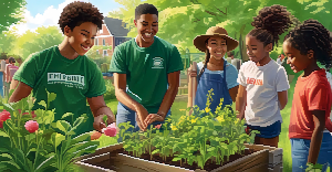 An educator and students working together in a community garden, planting flowers and vegetables under the sunlight.