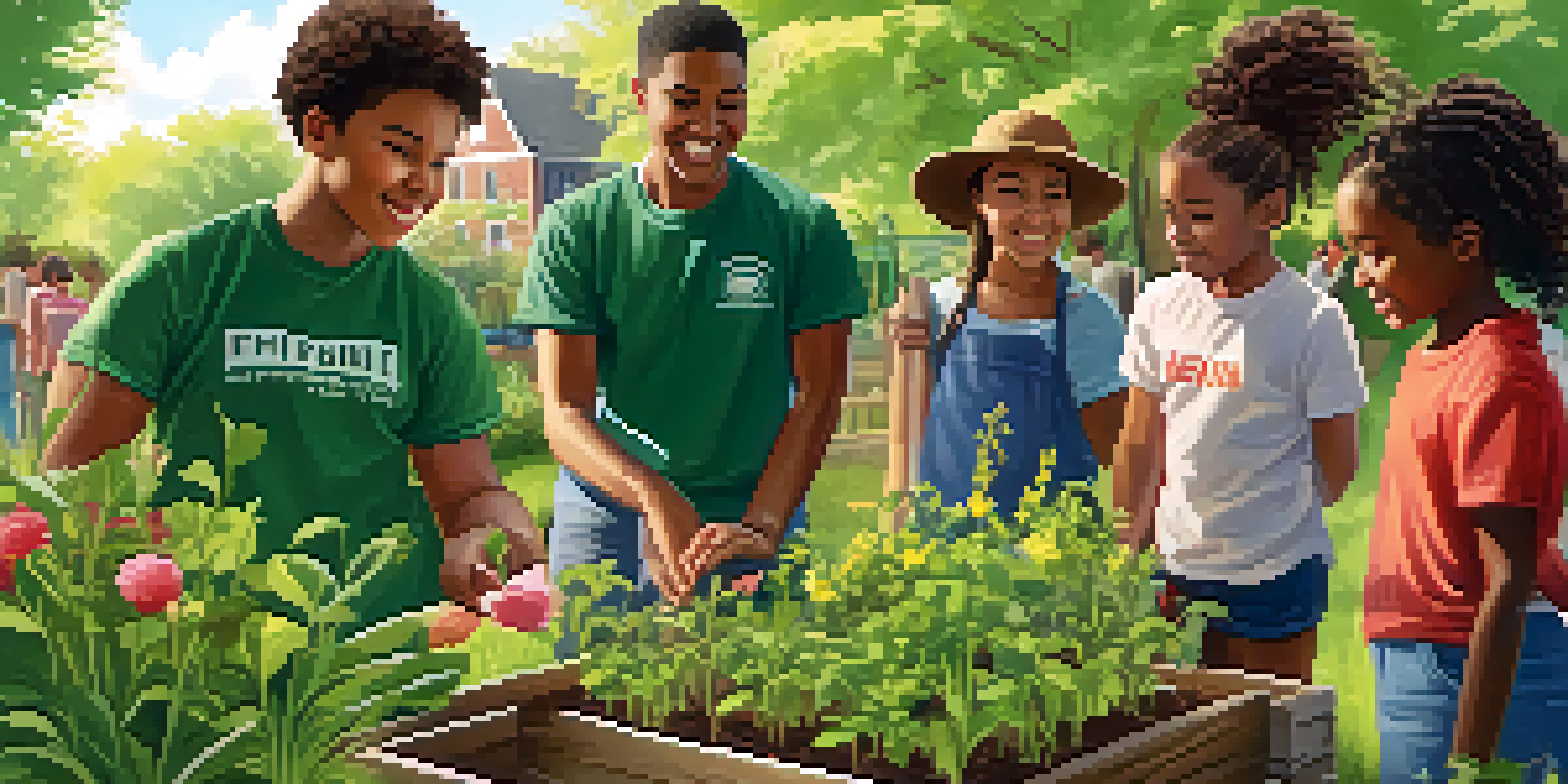 An educator and students working together in a community garden, planting flowers and vegetables under the sunlight.