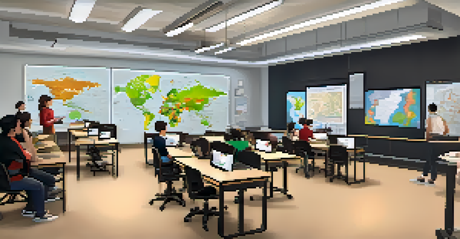 Students in a tech-savvy classroom engaged in virtual reality learning, discussing historical events while using headsets.