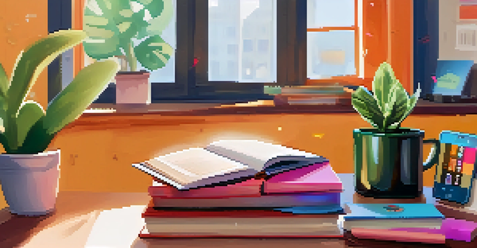 A study space with a smartphone showing a language learning app, colorful stationery, a cup of coffee, and a potted plant, illuminated by soft natural light.