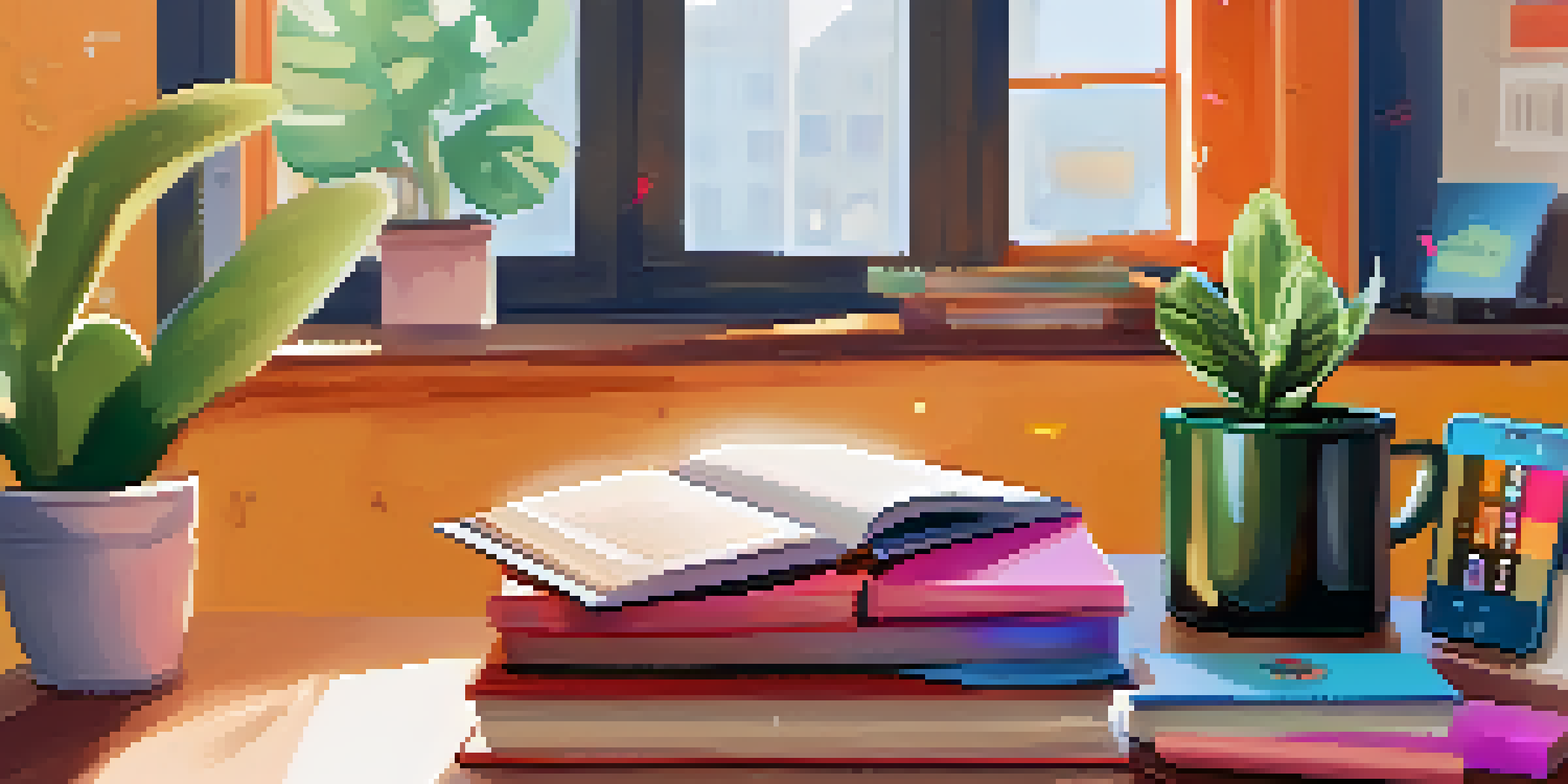 A study space with a smartphone showing a language learning app, colorful stationery, a cup of coffee, and a potted plant, illuminated by soft natural light.