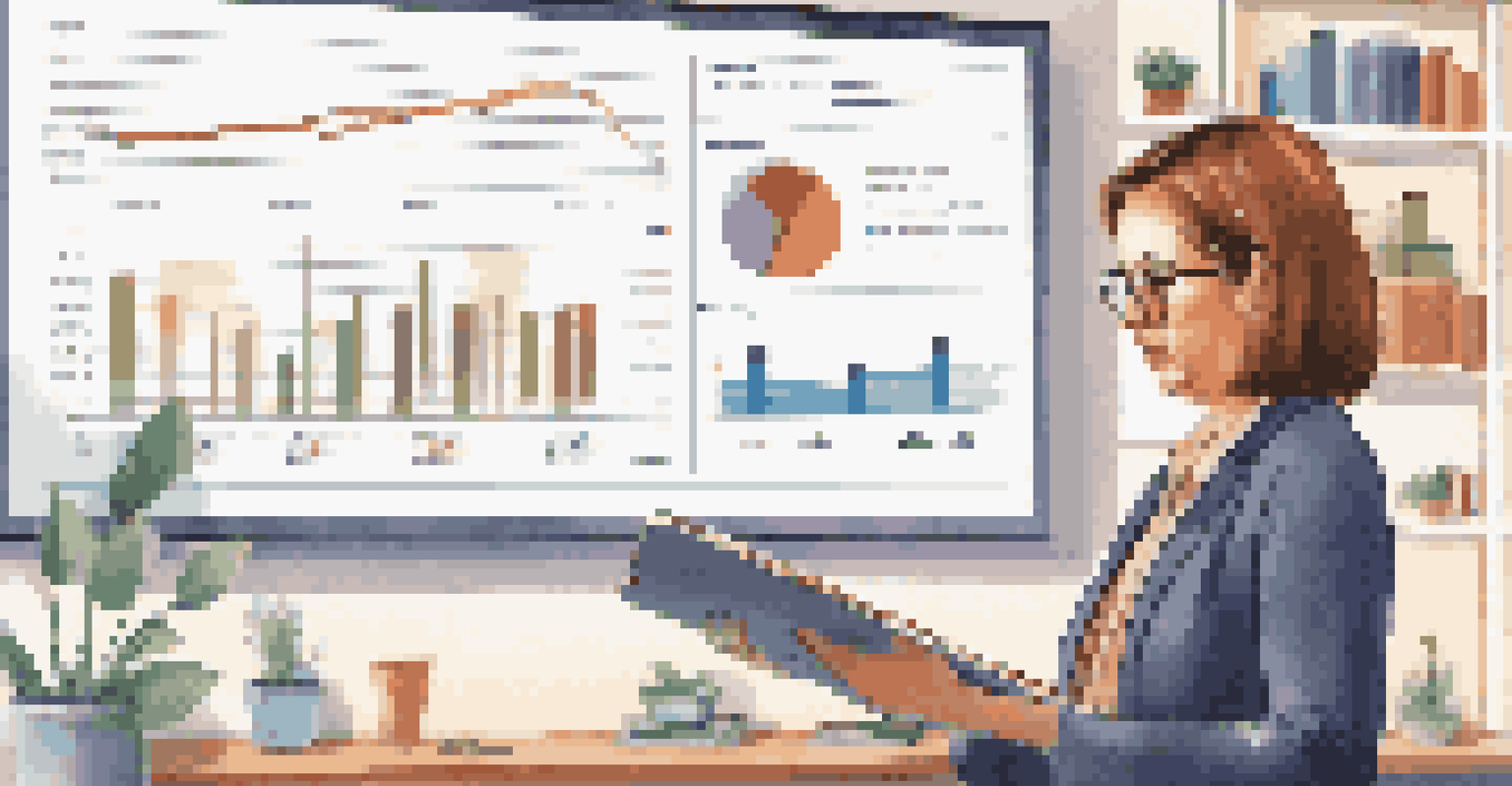 An educator analyzing performance data on a tablet in an office filled with educational resources.