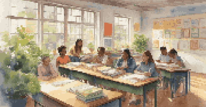 A bright classroom with a teacher and diverse students engaged in conversation, surrounded by educational posters and plants.