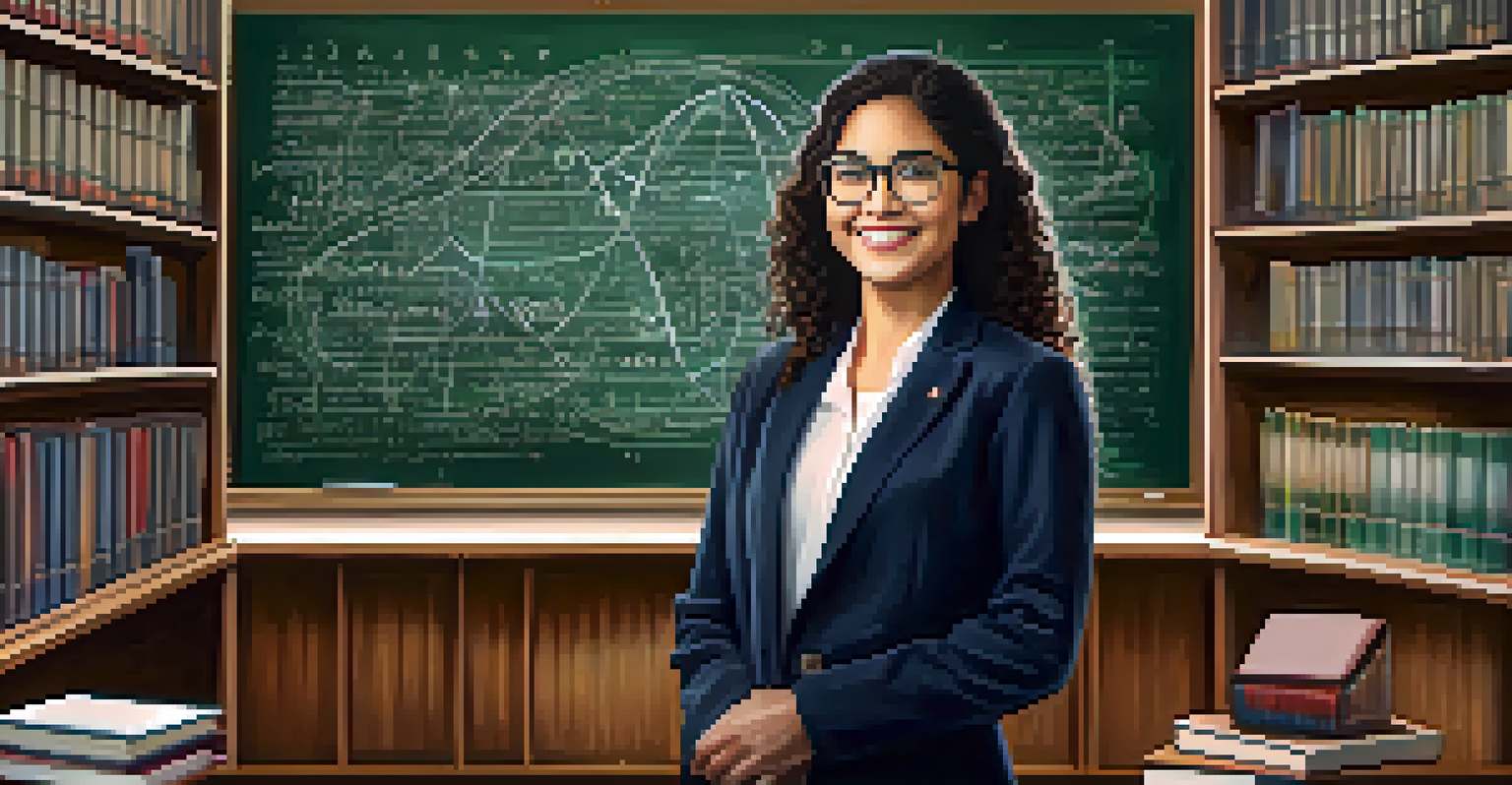 A confident woman mathematician in front of a chalkboard with formulas, representing empowerment in STEM.