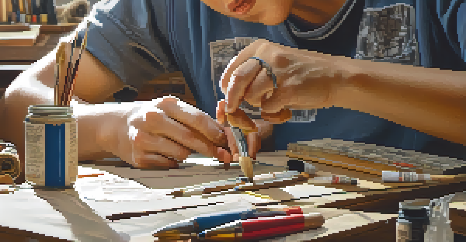A student's hands creating a detailed historical model, surrounded by tools and reference materials.