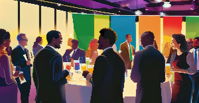 A lively networking event with diverse professionals talking and exchanging business cards in a colorful, well-lit space.