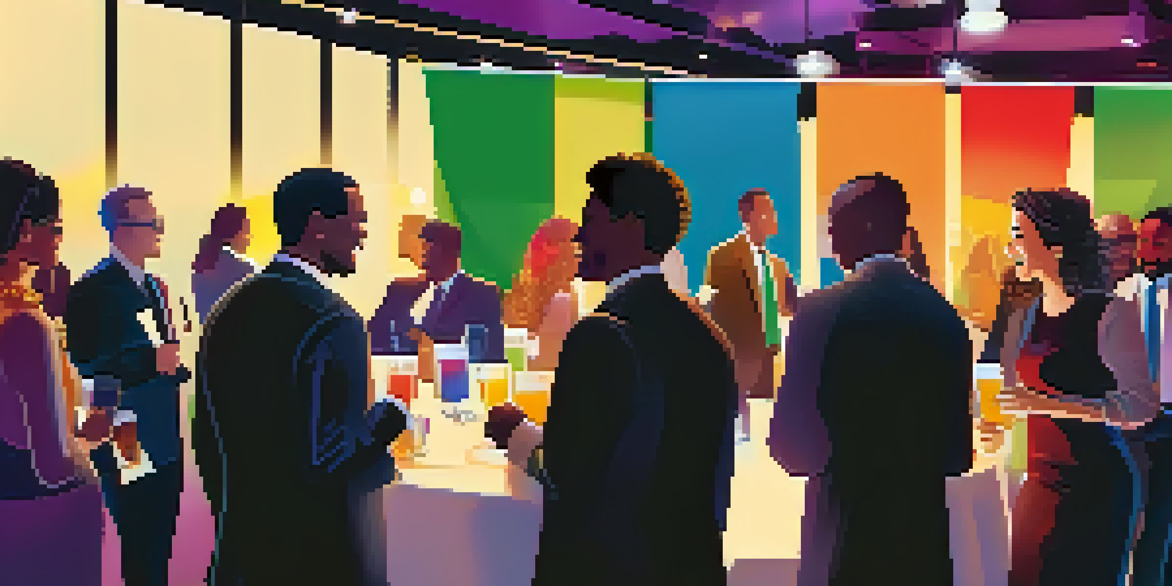 A lively networking event with diverse professionals talking and exchanging business cards in a colorful, well-lit space.