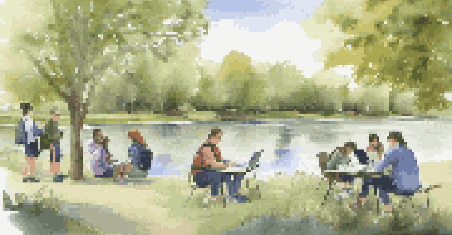 Students researching local water quality in a park setting, using notebooks and testing kits, with trees and a river in the background.