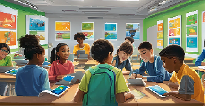 A lively classroom with students of different backgrounds using tablets, engaged with an AI learning tool, while a teacher assists them.