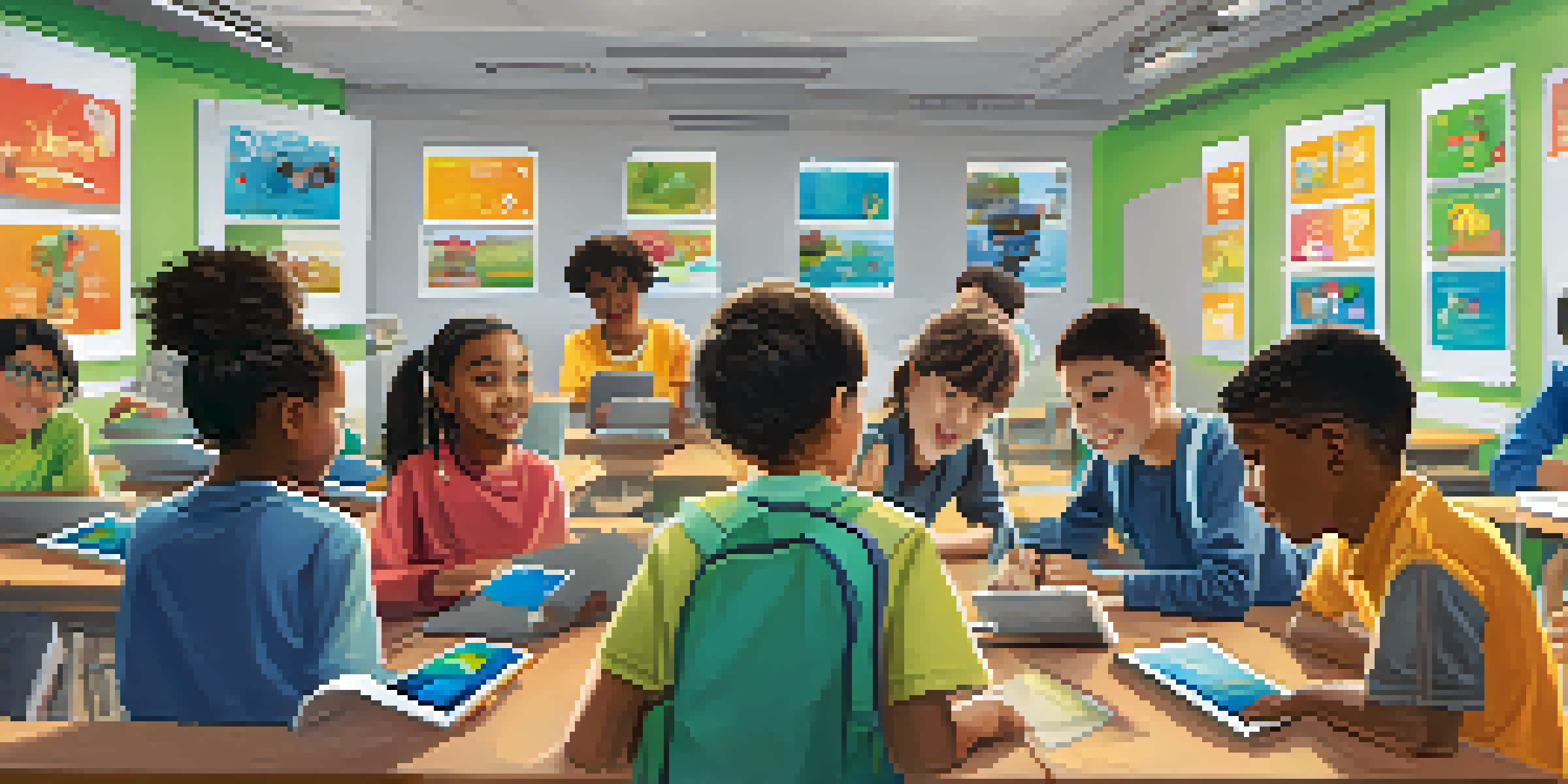 A lively classroom with students of different backgrounds using tablets, engaged with an AI learning tool, while a teacher assists them.