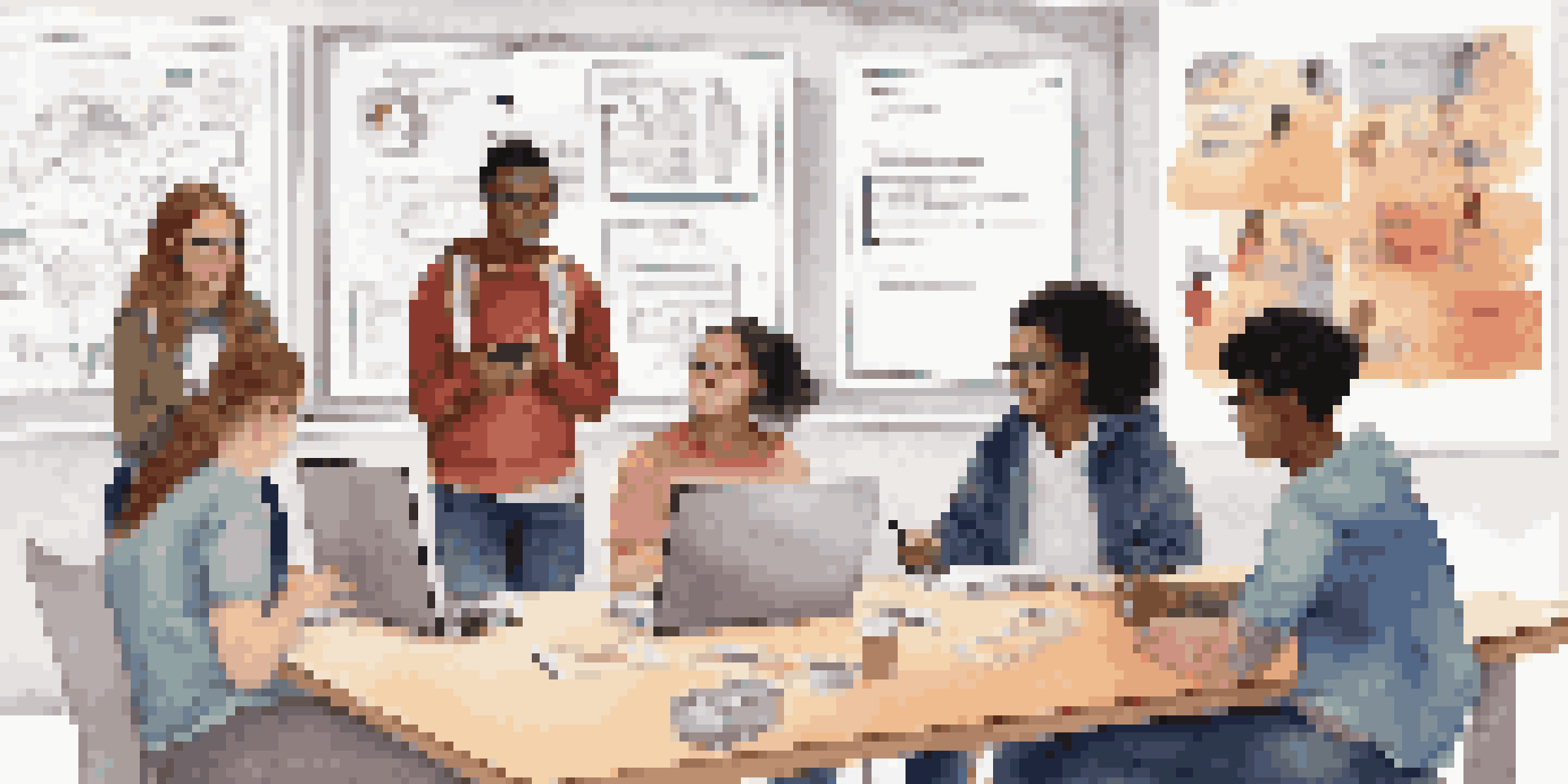 A diverse group of high school students discussing digital equity, surrounded by educational materials and digital devices.