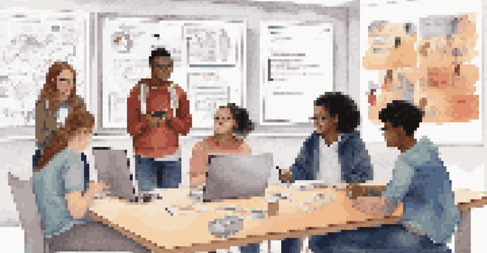 A diverse group of high school students discussing digital equity, surrounded by educational materials and digital devices.