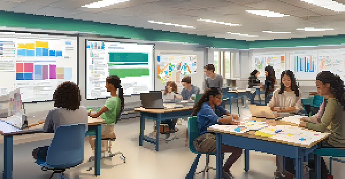 A diverse group of students collaborating on a data analysis project in a brightly lit classroom, with charts and graphs visible on the walls.
