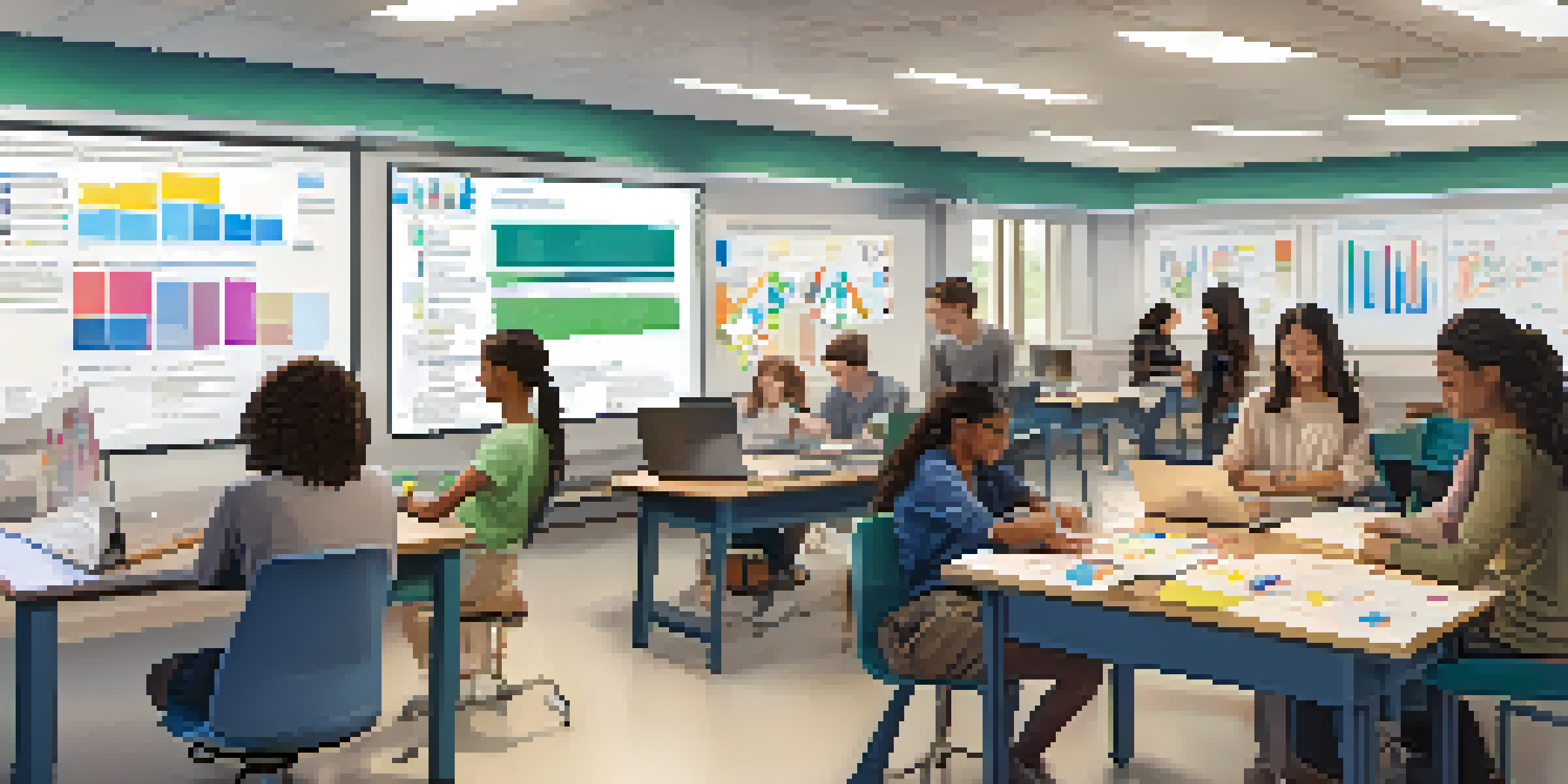 A diverse group of students collaborating on a data analysis project in a brightly lit classroom, with charts and graphs visible on the walls.