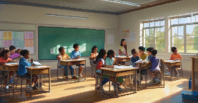 A classroom with students of various backgrounds sitting in a circle discussing ideas, with a teacher observing. Natural light fills the room, creating a warm atmosphere.