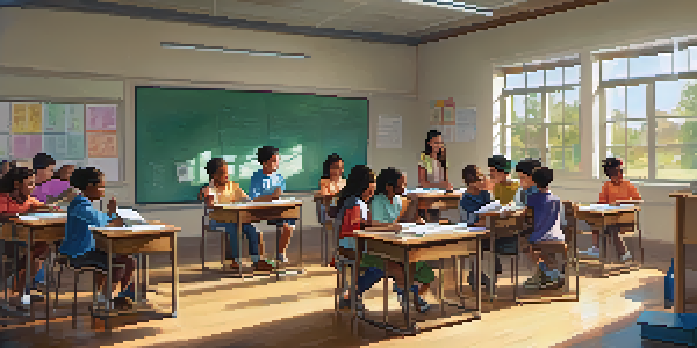 A classroom with students of various backgrounds sitting in a circle discussing ideas, with a teacher observing. Natural light fills the room, creating a warm atmosphere.