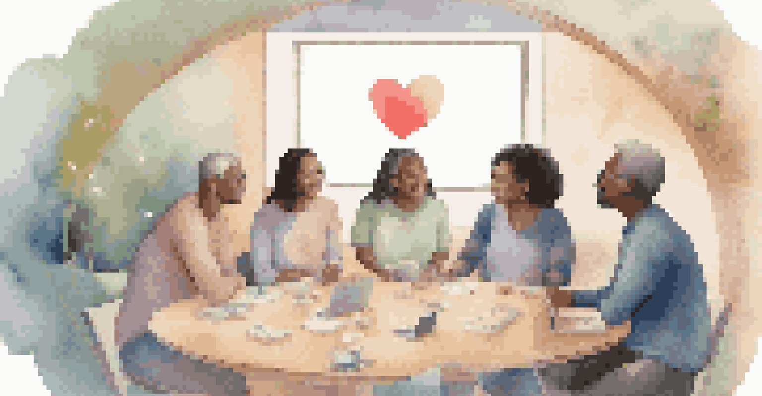 An online support group session with members sharing stories and listening with empathy, depicted in a calming atmosphere.