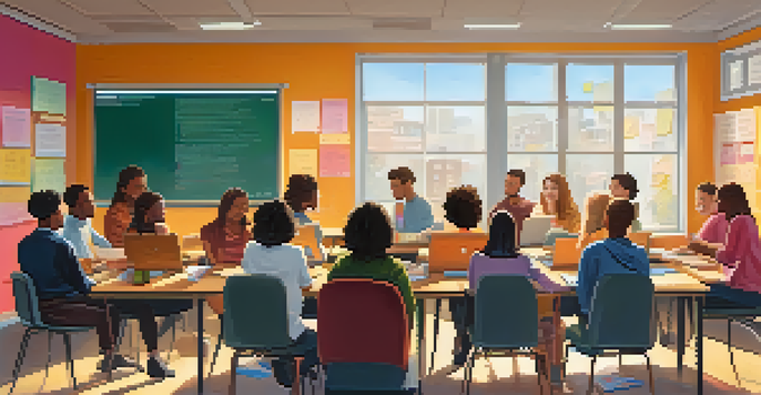 A diverse group of students participating in an online class, engaged in discussion with laptops and colorful sticky notes on a whiteboard.